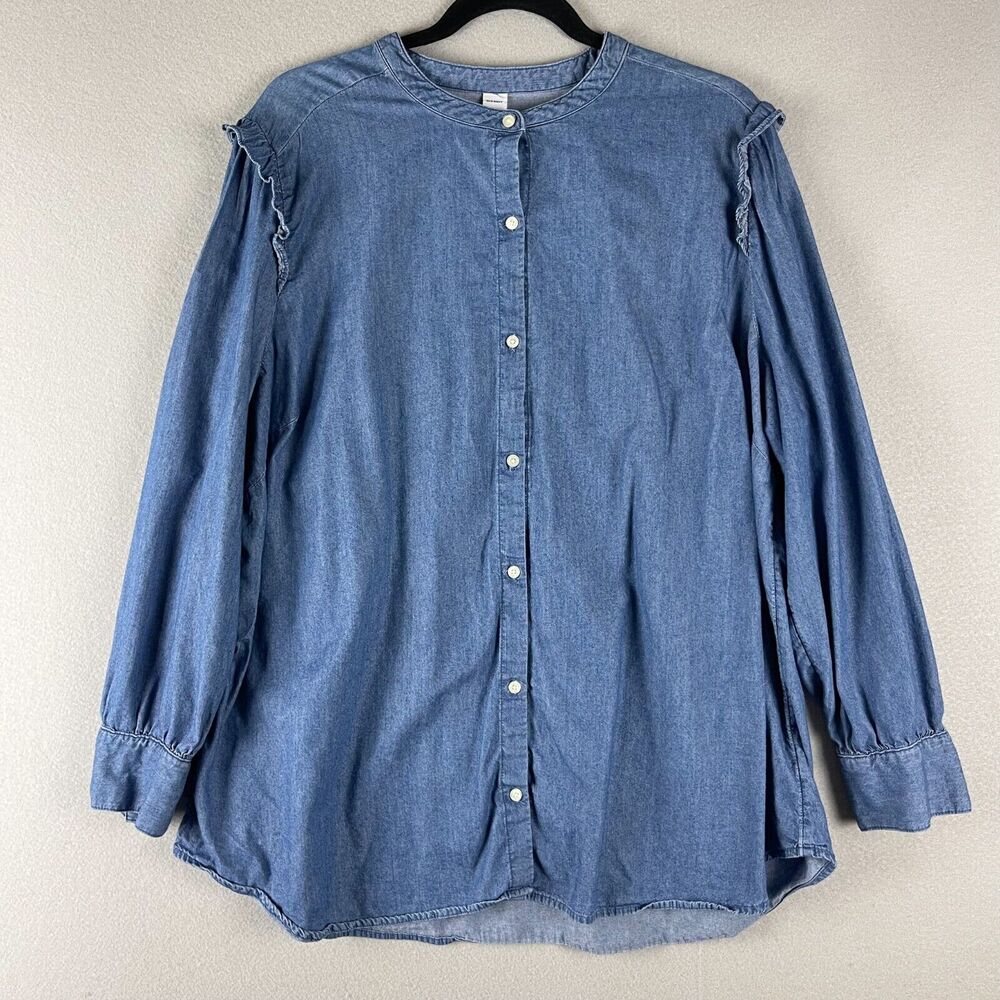 Old Navy Chambray Top Womens 2X Blue Ruffle Button Up Long Sleeve Cotton Blend